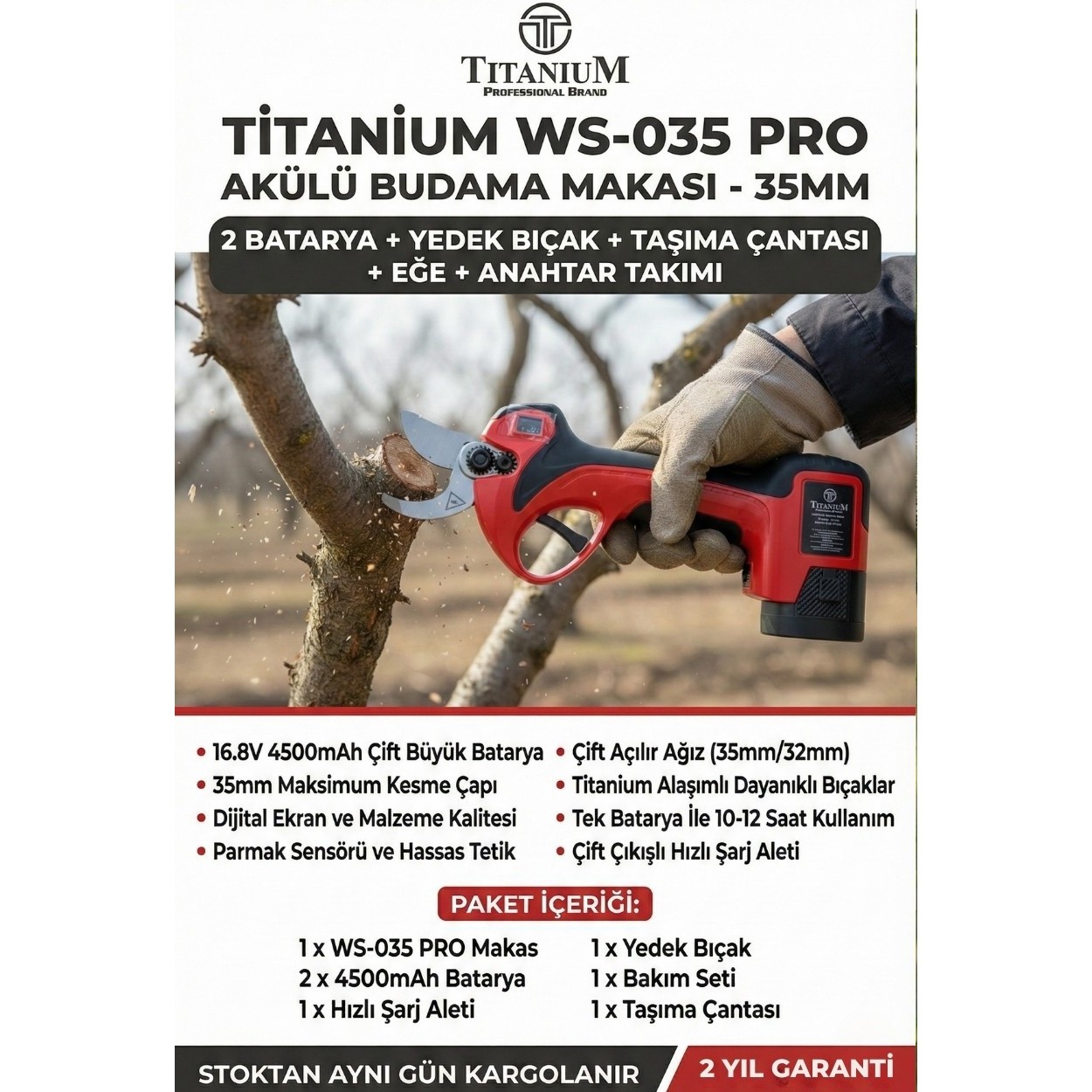 Titanium Profesyonel Akülü Budama Seti – WS 035 PRO Akülü Budama Makası + GTA 75 Akülü Zincirli Dal Kesme Testere