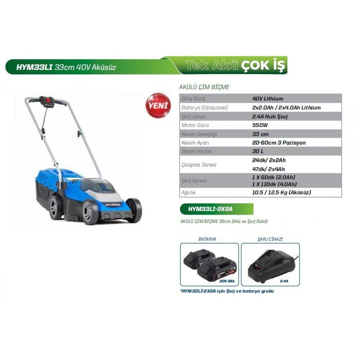 Hyundai HYM33LI Akülü Çim Biçme Makinesi 2*2A Akü Ve Şarj Dahil