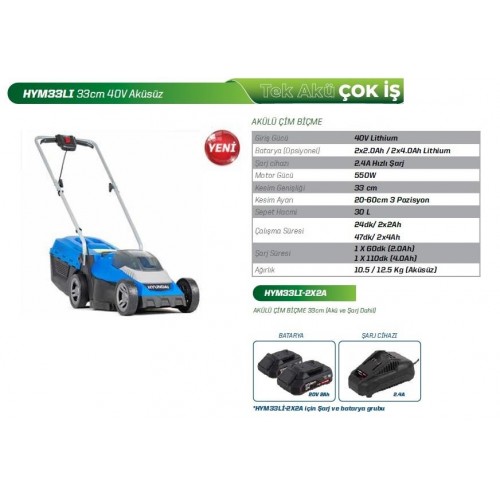 Hyundai HYM33LI Akülü Çim Biçme Makinesi 2*2A Akü Ve Şarj Dahil