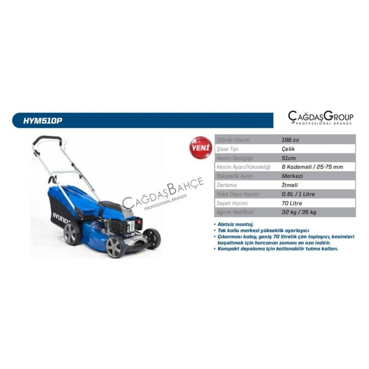 HYUNDAİ HYM510P BENZİNLİ ÇİM BİÇME MAKİNESİ 51 CM 