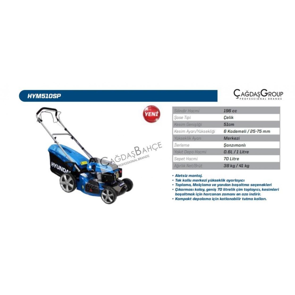 HYUNDAİ HYM510SP BENZİNLİ ÇİM BİÇME MAKİNESİ 51 CM 