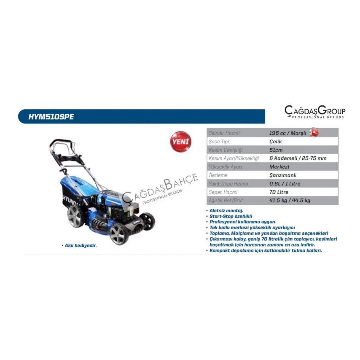 HYUNDAİ HYM510SPE BENZİNLİ ÇİM BİÇME MAKİNESİ MARŞLI START-STOP