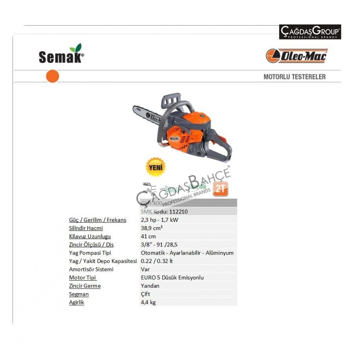 OLEOMAC GSH400 BENZİN MOTORLU TESTERE - AĞAÇ MOTORU  2.3 HP *