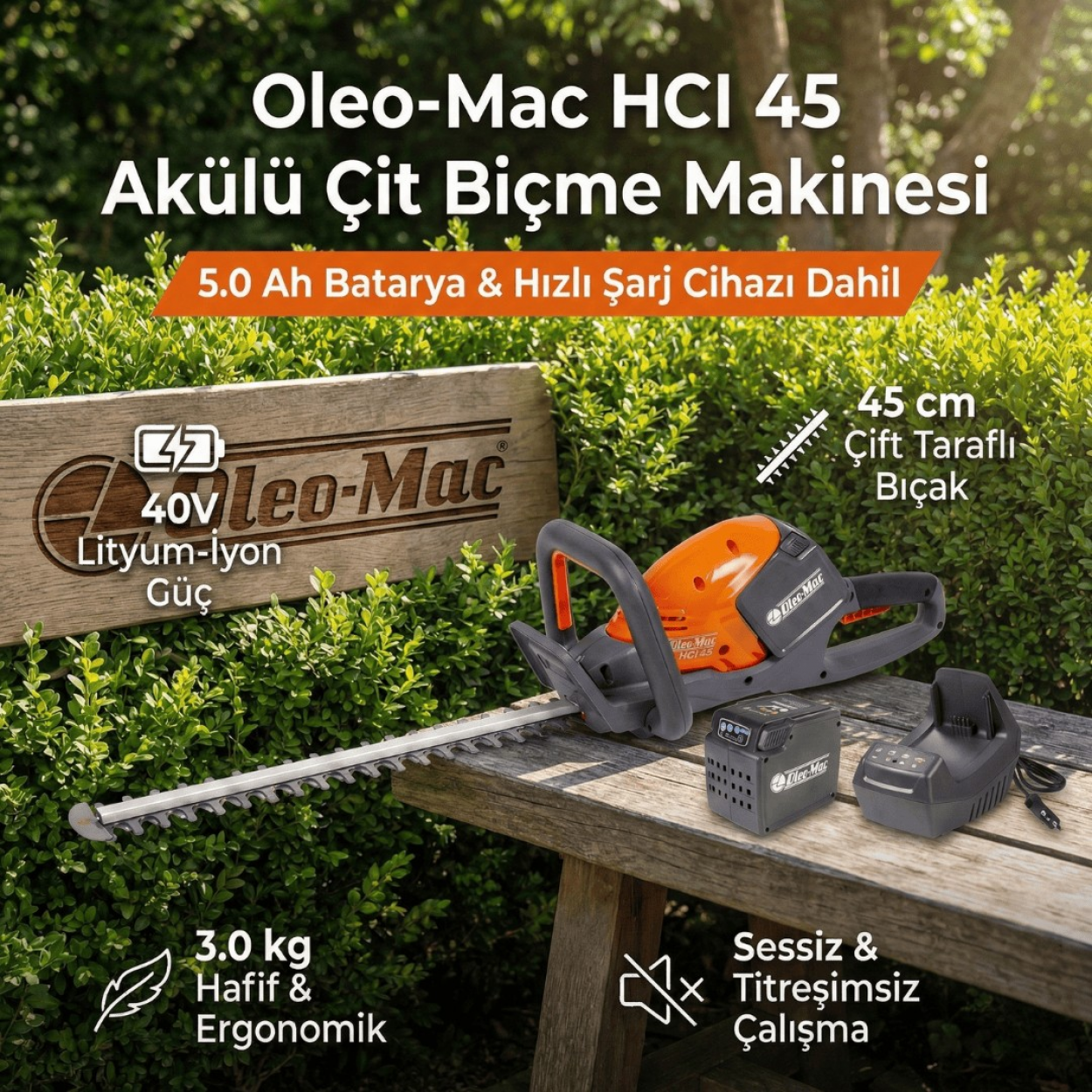 Oleomac HCİ45 Akülü Çit Biçme Makinesi 5.0AH Akü + Şarj Cihazı