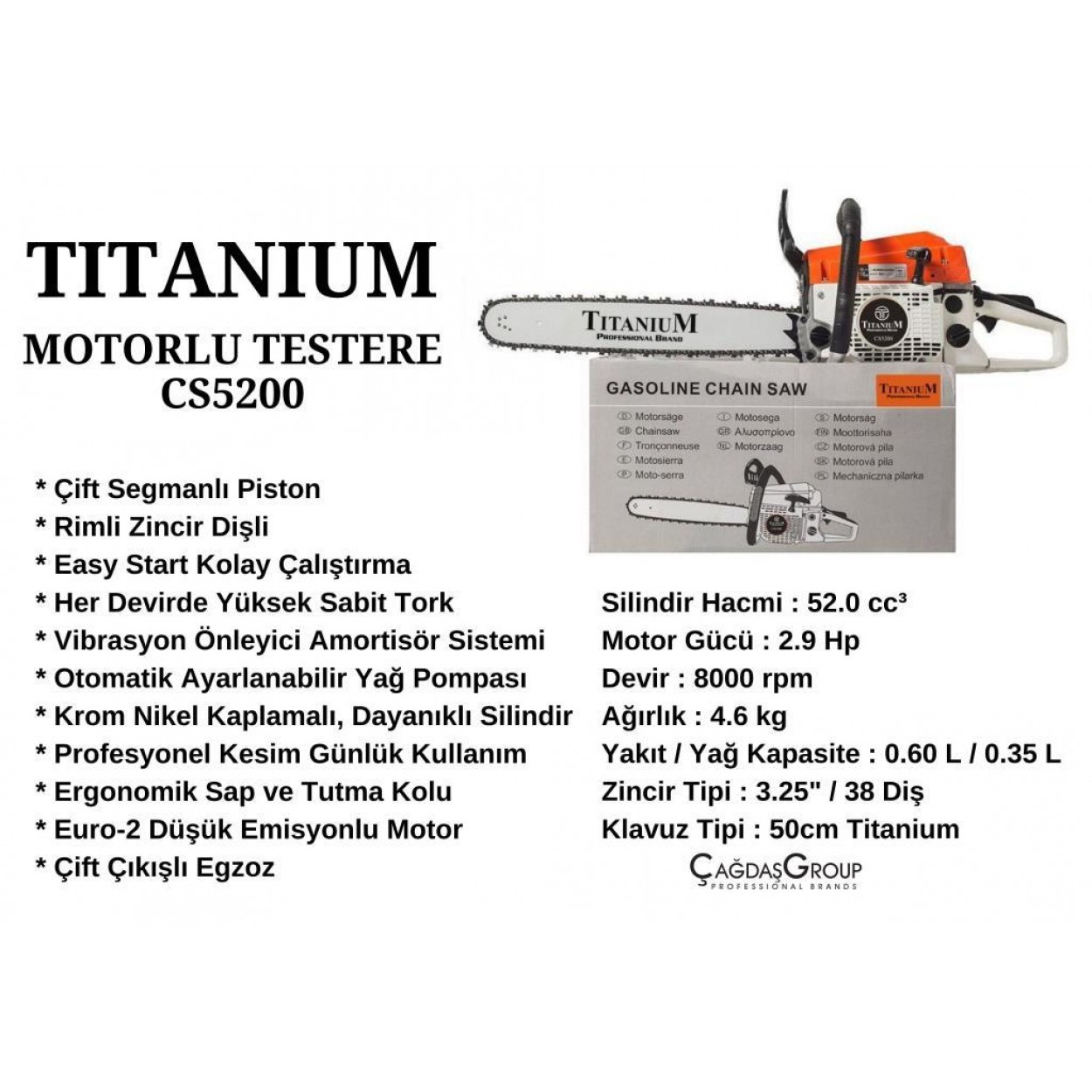 Titanium CS5200 Motorlu Testere - Ağaç Motoru - Hızar 2.8 HP