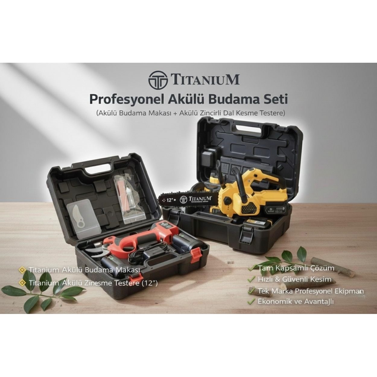 Titanium Profesyonel Akülü Budama Seti – WS 035 PRO Akülü Budama Makası + GTA 75 Akülü Zincirli Dal Kesme Testere